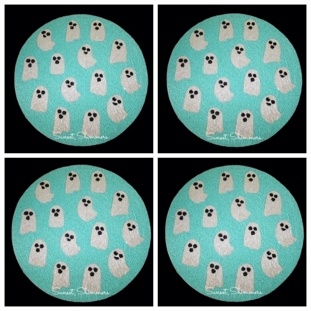 X4 Nicole Miller Halloween Beaded Aqua Sparkly Ghost Placemat Chargers 15